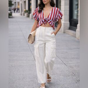 Lovers and Friends Waves For Days Crop Top Ruffle Sleeve Americana Stripe Sz S